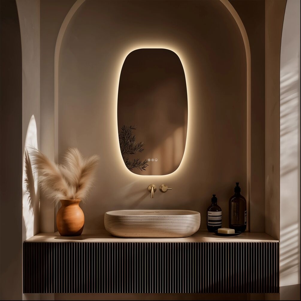 Lifestyle image of Origins Living Claris 500 x 900mm Barrel LED Mirror